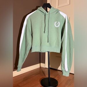 PINK Victoria's Secret Cropped Sage Green Hoodie with White Stripes